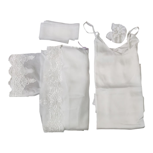Completo Sposa Camicia e Vestaglia Bea Filo D'Angelo bianco con camicia da notte a spalline, vestaglia con pizzo, cintura e scrunchie coordinato