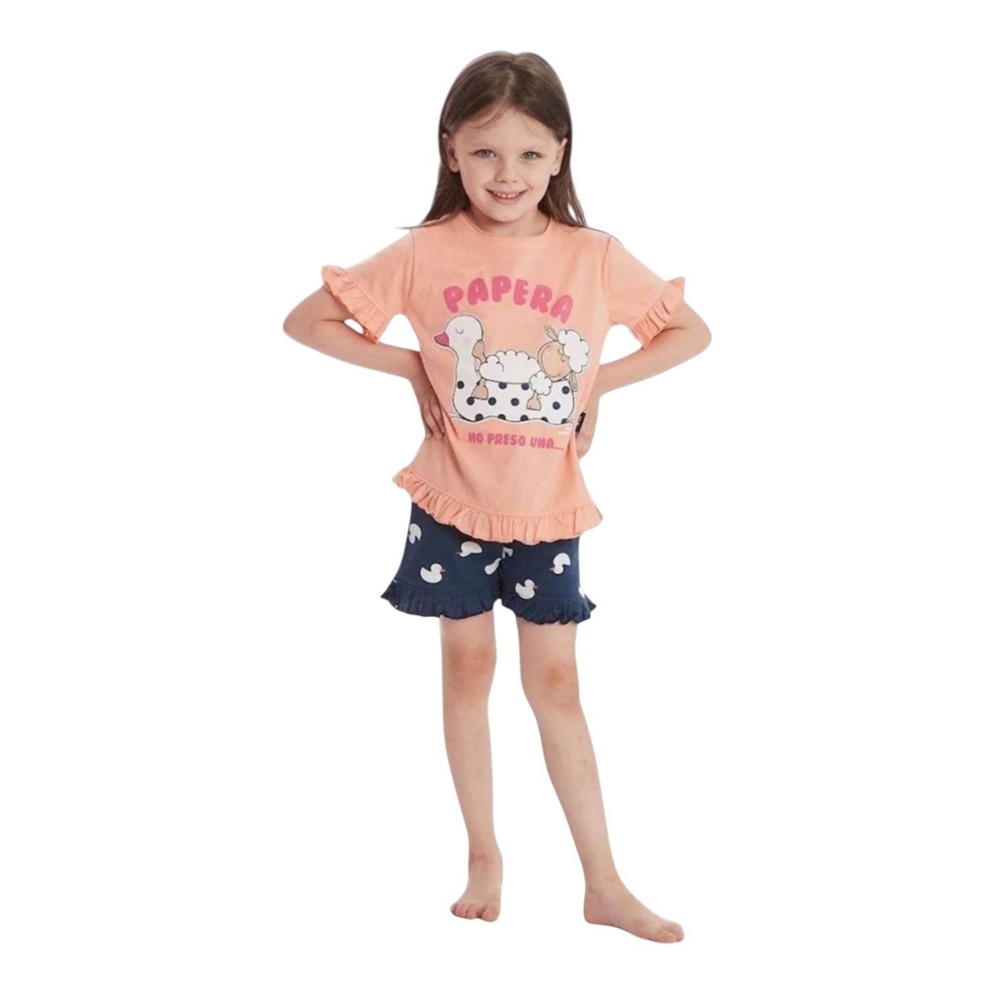 Pigiama bambina e ragazza Papera H5966 Happy People estivo con pantaloncino e fascia per capelli coordinata