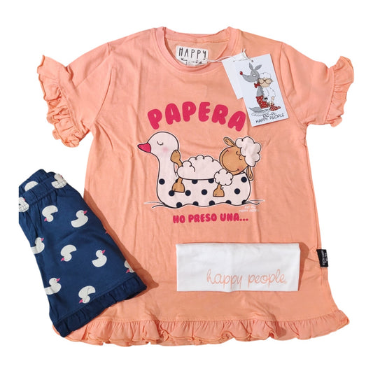 Pigiama bambina e ragazza Papera H5966 Happy People estivo con pantaloncino e fascia per capelli coordinata