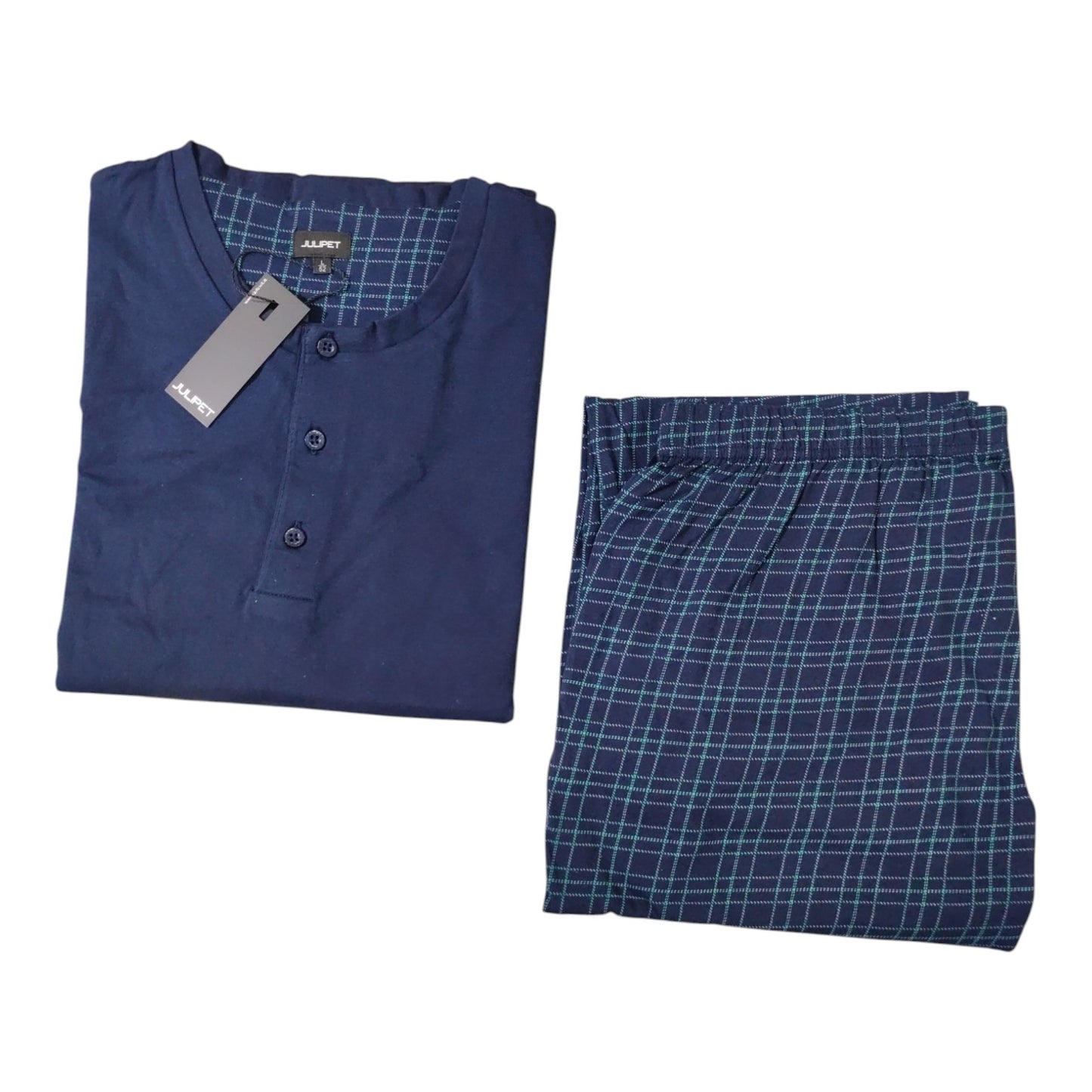 Pigiama uomo estivo Modena JAL688 Julipet lungo serafino in jersey 100% cotone con maglia tinta unita e pantalone check coordinato