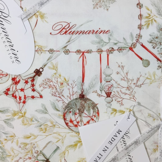 Runner Natalizio Bianco Natale Blumarine 50x150 in panama 100% cotone antimacchia con stampa piazzata e logo nella trama