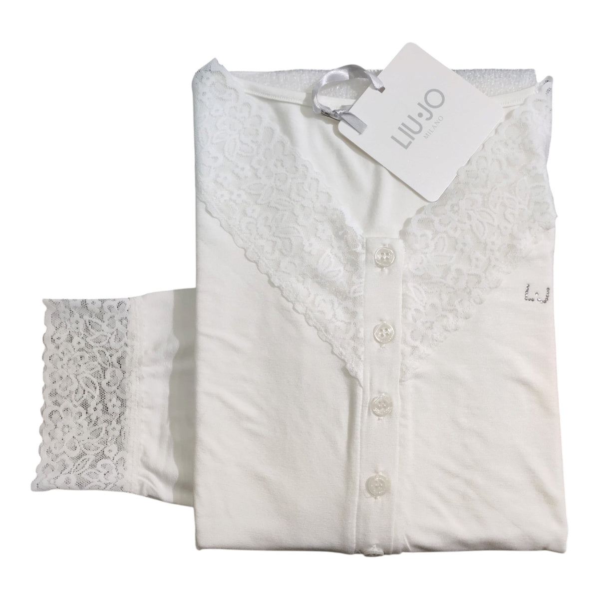 Camicia da notte Liu Jo color Latte con scollo serafino, bottoni e decorazioni in pizzo