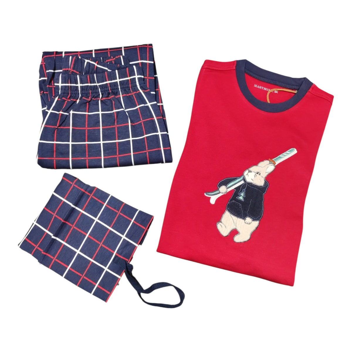 Pigiama bambini caldo cotone Maryhome con maglia decorata da un orsetto, pantaloni a quadri e sacca portapigiama