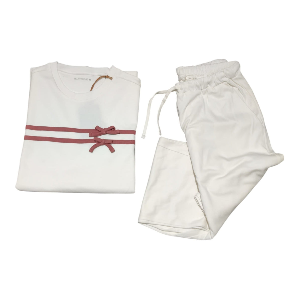 Pigiama donna invernale Maryhome con maglia decorata da due fiocchi e pantaloni lunghi con coulisse