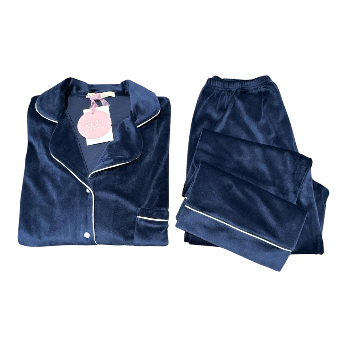 Pigiama donna Fida Lingerie I2780 in velluto blu completamente aperto con profili a contrasto