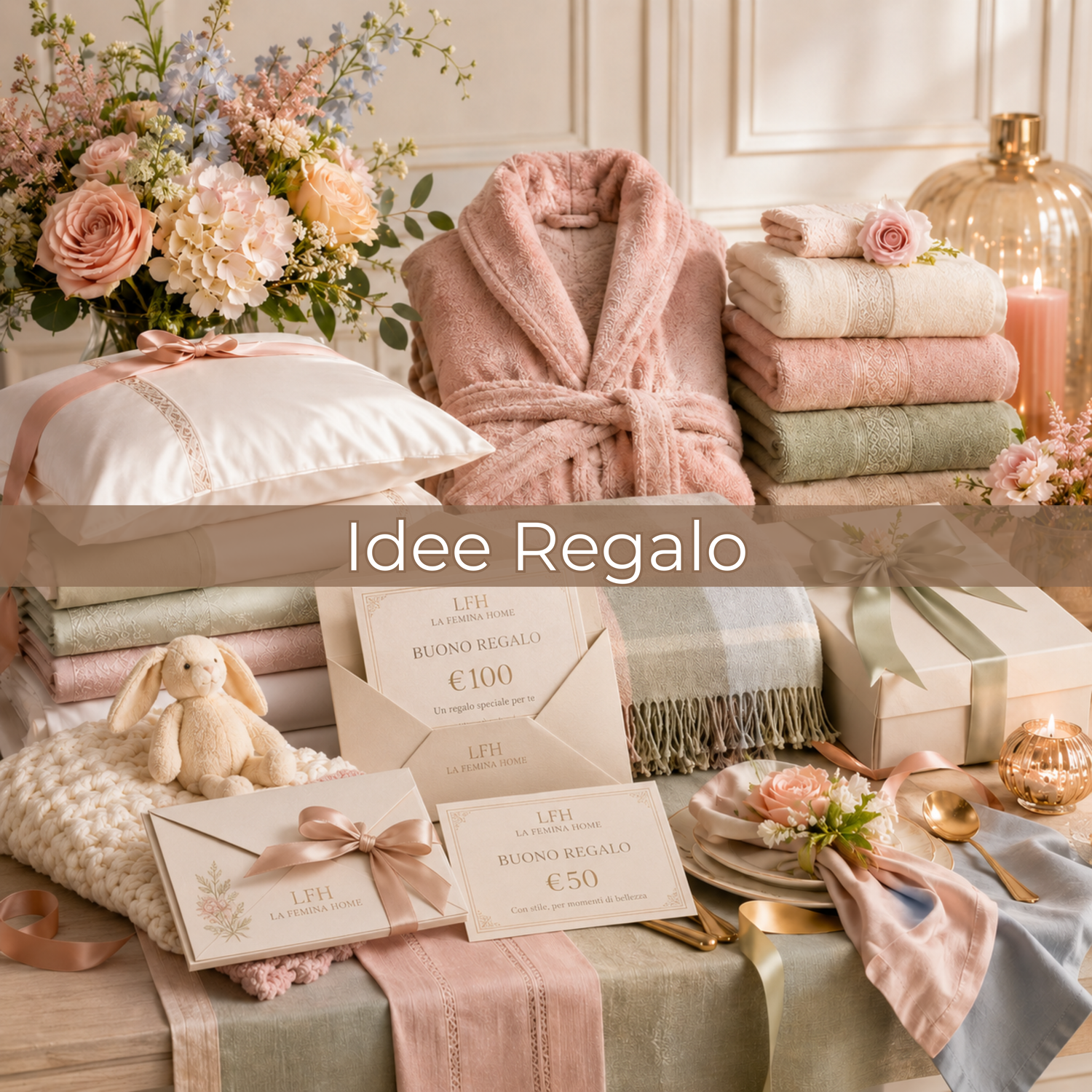 Selezione elegante La Femina Home di idee regalo per la casa, con biancheria per la casa regalo, regali per sposi eleganti, tessili per nascita, Natale, cerimonie ed eventi speciali.