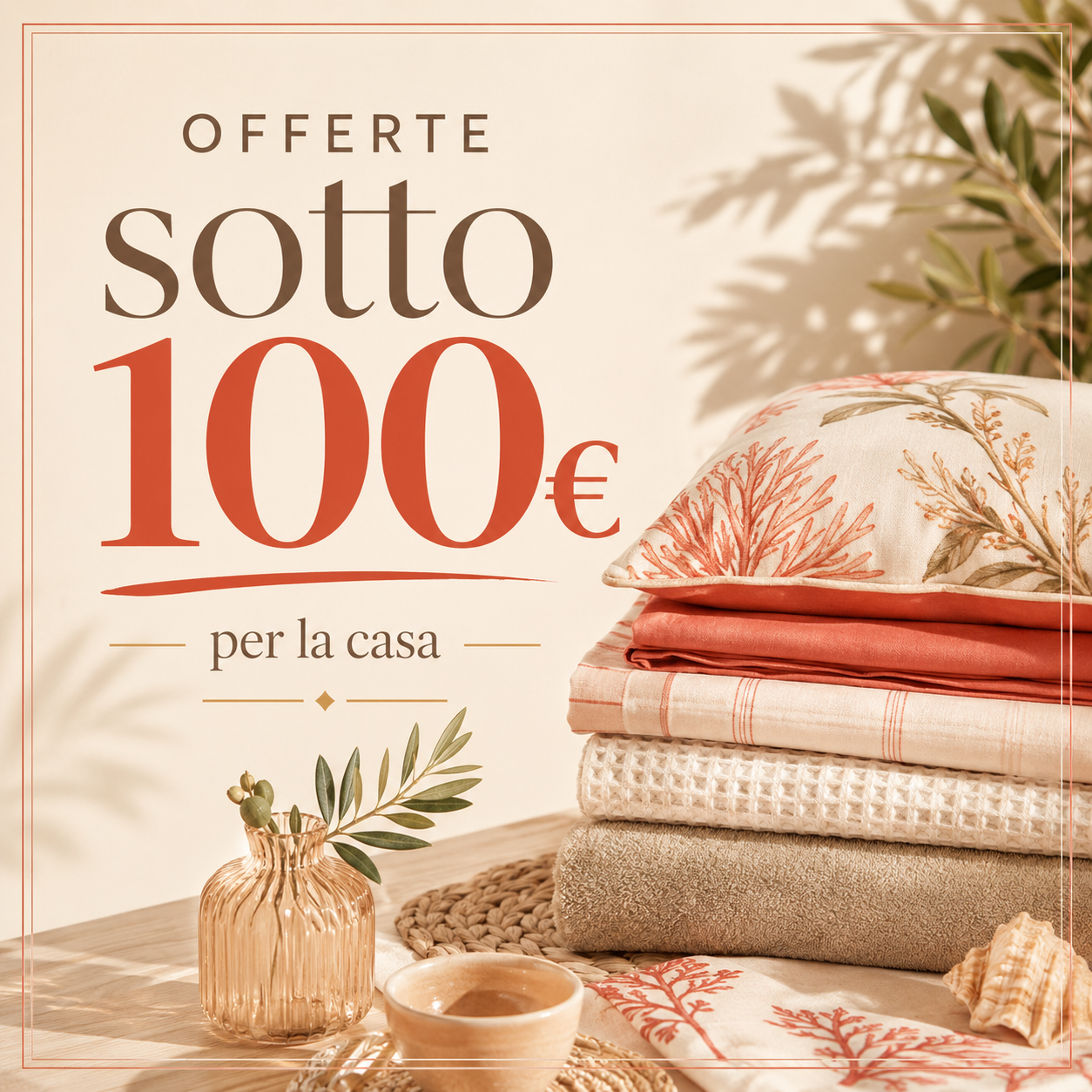 Copertina della categoria offerte sotto 100 euro con biancheria per la casa, tessili letto, bagno e tavola nei toni beige e arancio