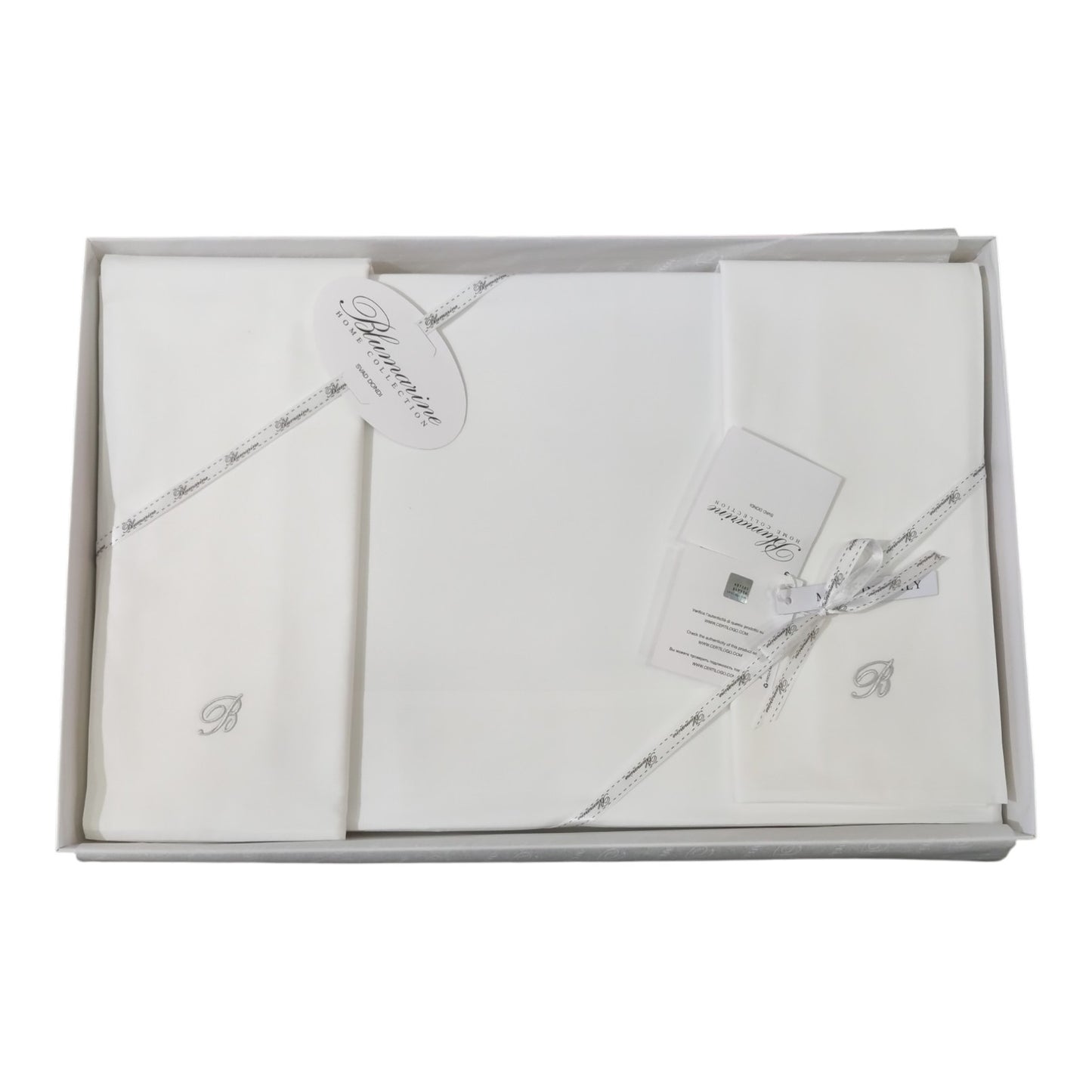 Completo lenzuola matrimoniale Blumarine Home Stile Blu in percalle di cotone 200 TC con federe a sacchetto e monogramma B ricamato