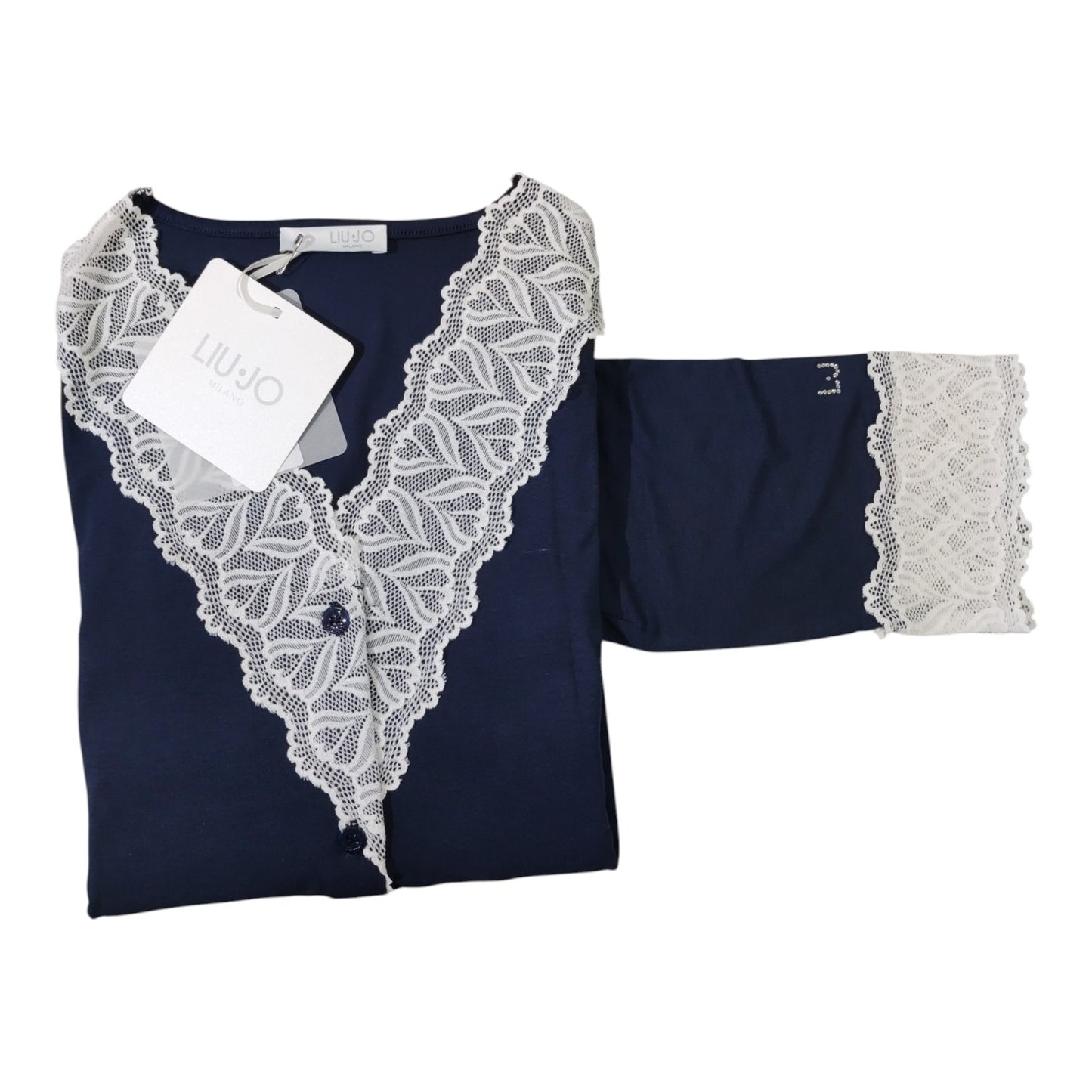 Camicia Donna Estiva DL0131 Liu Jo aperta avanti blu con pizzo bianco a contrasto
