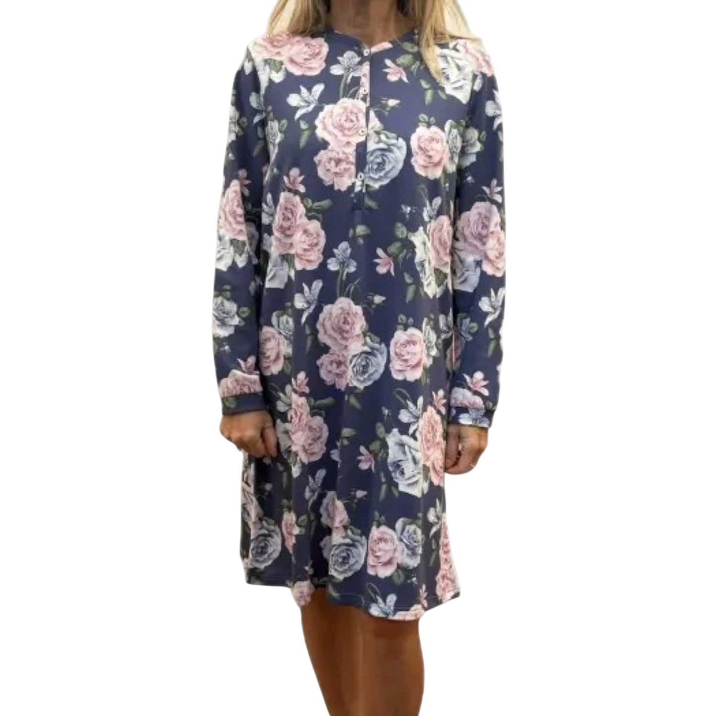 Camicia da Notte Invernale BR292250 Bisbigli da donna in 100% cotone caldo con manica lunga, apertura serafino e stampa floreale