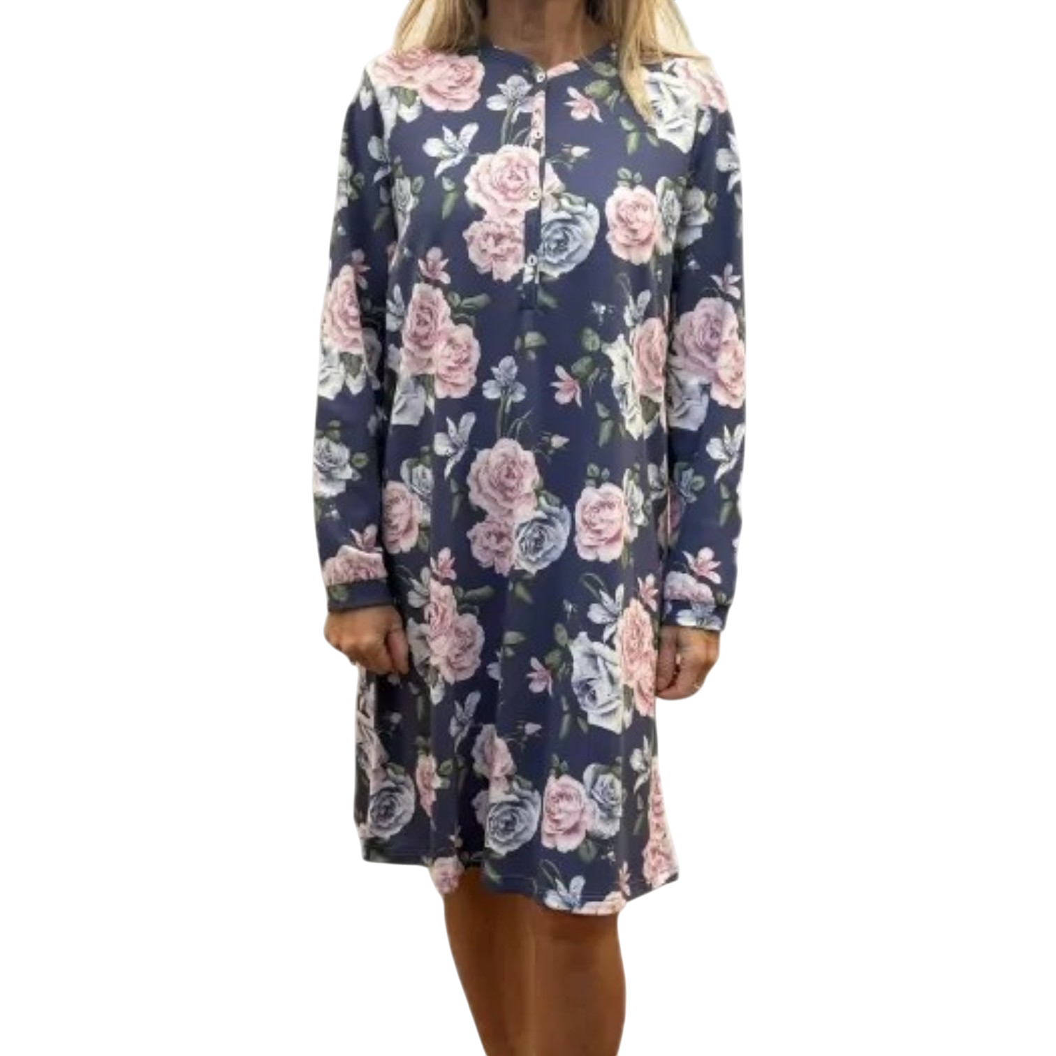 Camicia da Notte Invernale BR292250 Bisbigli da donna in 100% cotone caldo con manica lunga, apertura serafino e stampa floreale