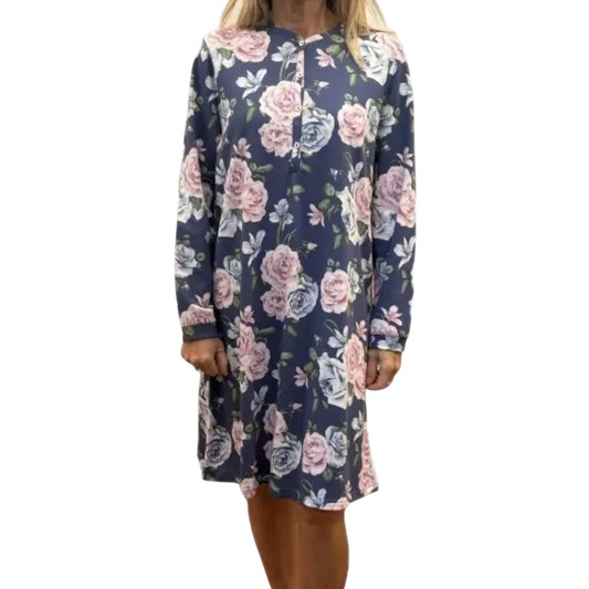 Camicia da Notte Invernale BR292250 Bisbigli da donna in 100% cotone caldo con manica lunga, apertura serafino e stampa floreale