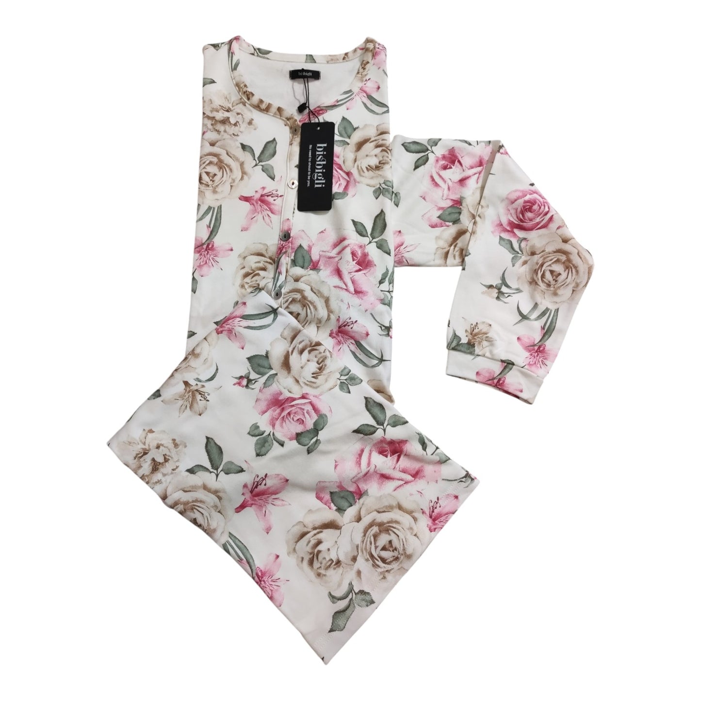 Camicia da Notte Invernale BR292250 Bisbigli da donna in 100% cotone caldo con manica lunga, apertura serafino e stampa floreale