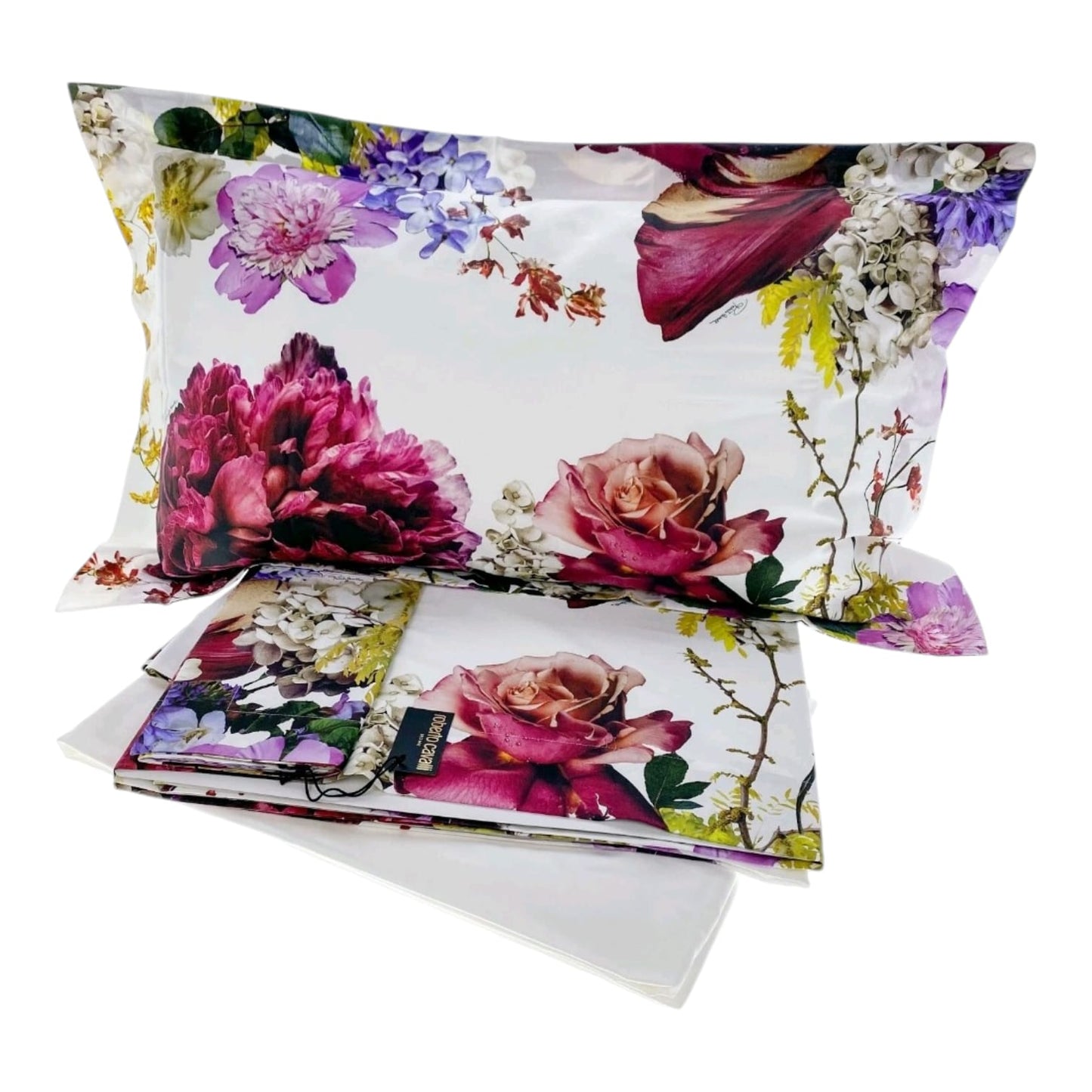 Completo lenzuola 2 posti Floris Roberto Cavalli con fantasia floreale, sopra 250x290, sotto con angoli 175x205 e 2 federe 50x80