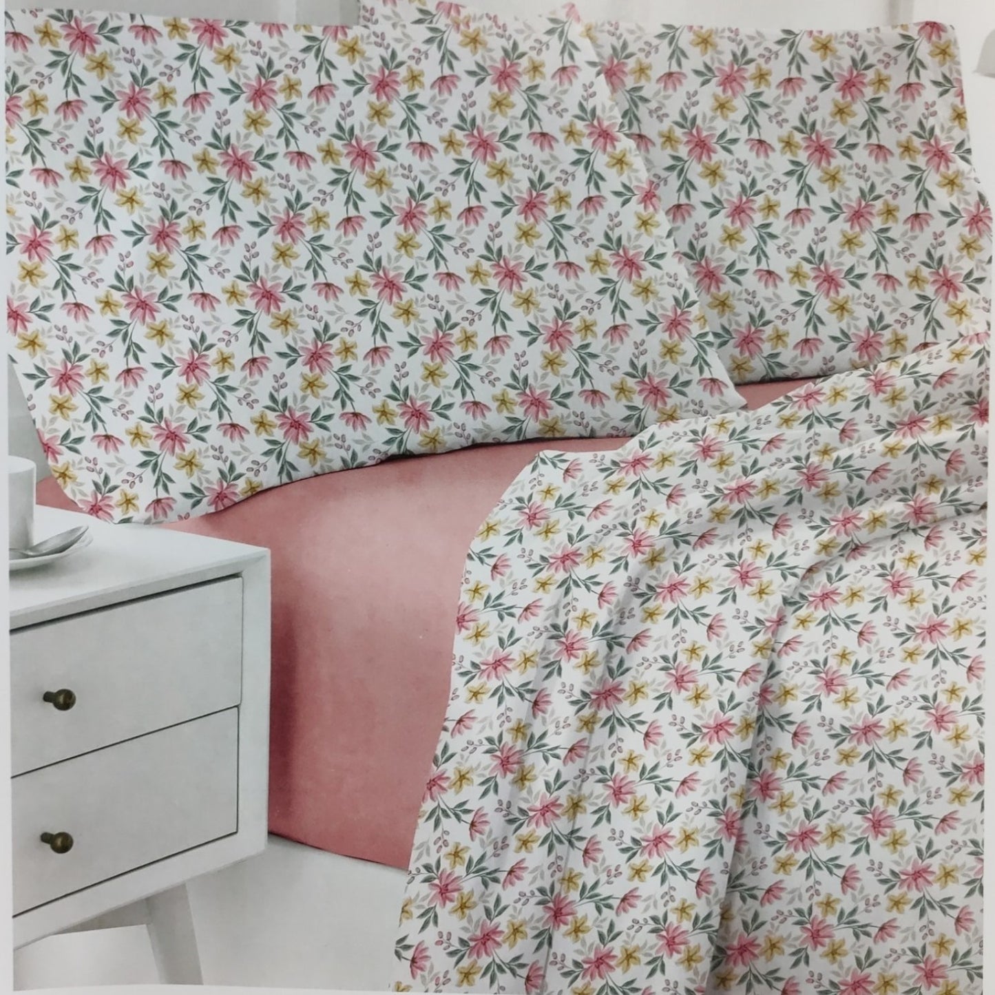 Completo Lenzuola 2 Posti Sia Daylight colore cipria in cotone con fantasia floreale