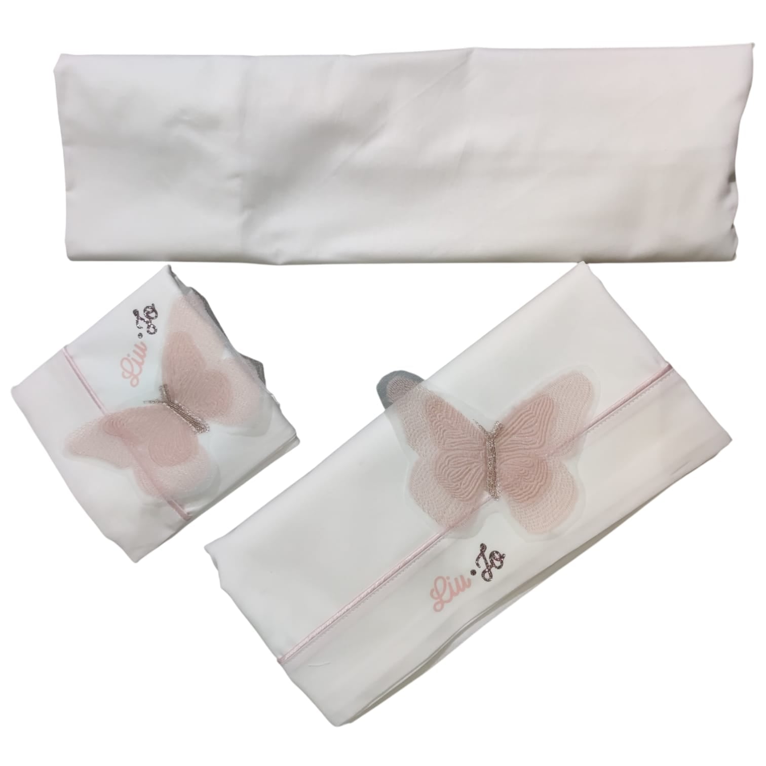 Completo lenzuolo culla Tulle Farfalle BL501C Liu Jo Baby in 100% cotone con sopra 90x120, federa 45x30 e sotto con angoli