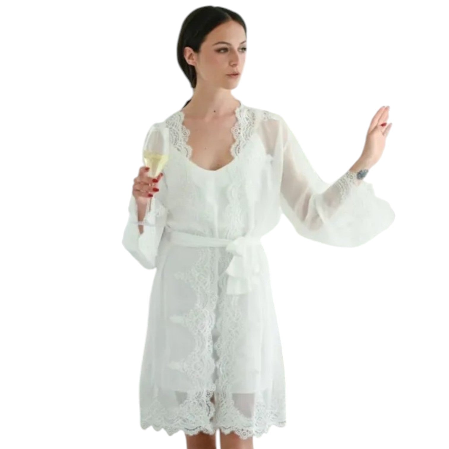 Completo Sposa Camicia e Vestaglia Bea Filo D'Angelo bianco con camicia da notte a spalline, vestaglia con pizzo, cintura e scrunchie coordinato