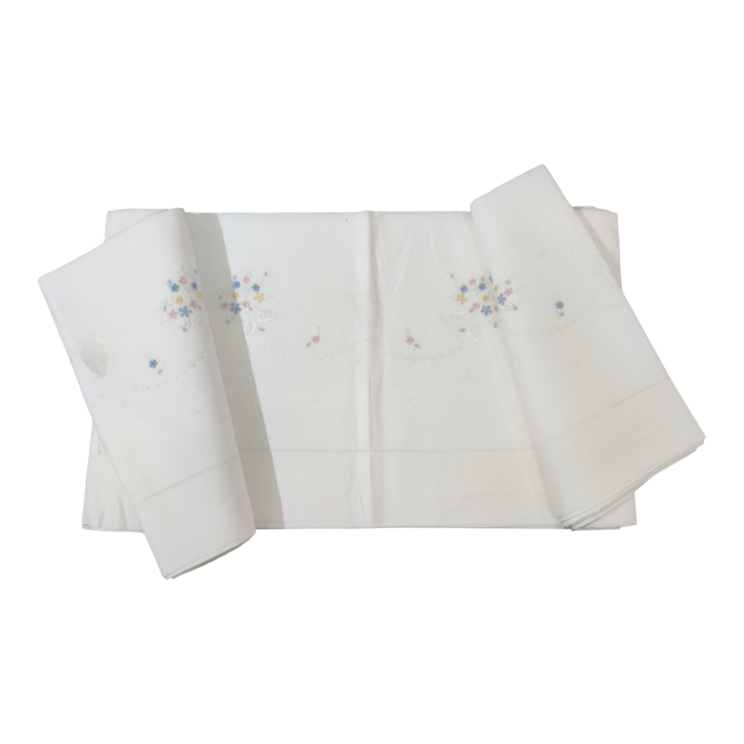 Parure Letto Matrimoniale in Puro Lino Ricamata 16870 Broderie su tessuto Bellora con ricamo colorato multicolor su lenzuolo bianco