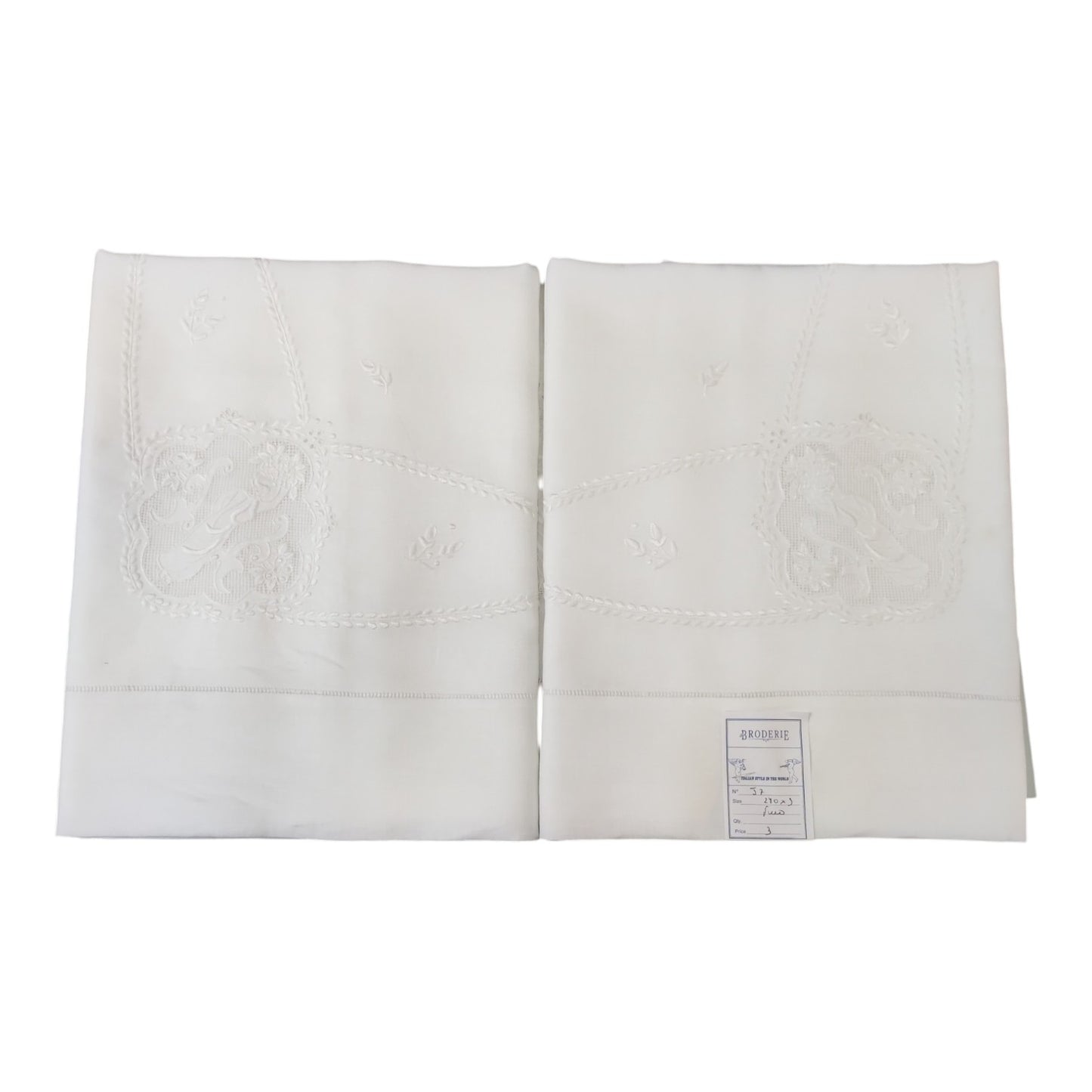 Parure Letto Matrimoniale in Puro Lino Ricamata U7 Broderie confezionata su tessuto Bellora con elegante ricamo tono su tono