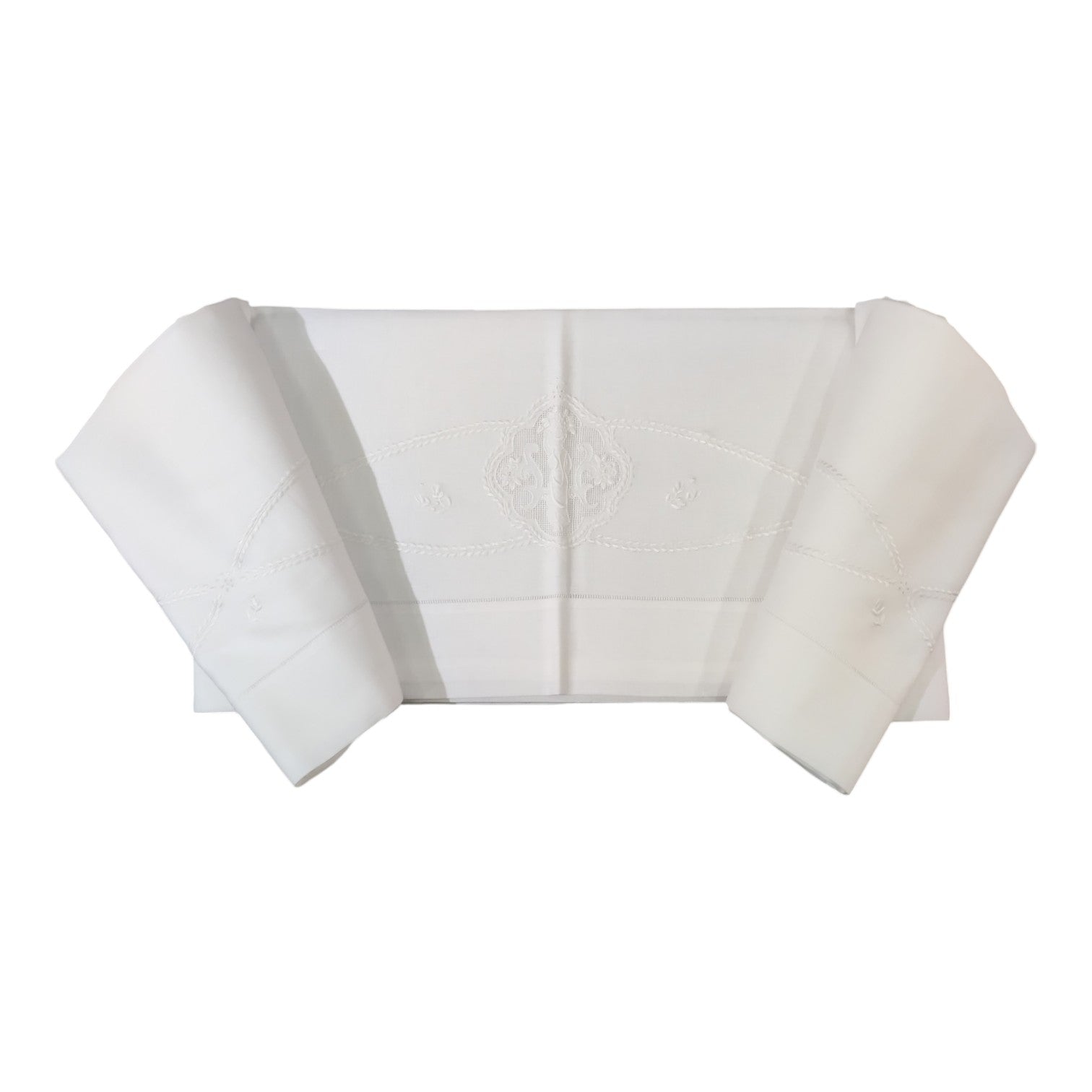Parure Letto Matrimoniale in Puro Lino Ricamata U7 Broderie confezionata su tessuto Bellora con elegante ricamo tono su tono