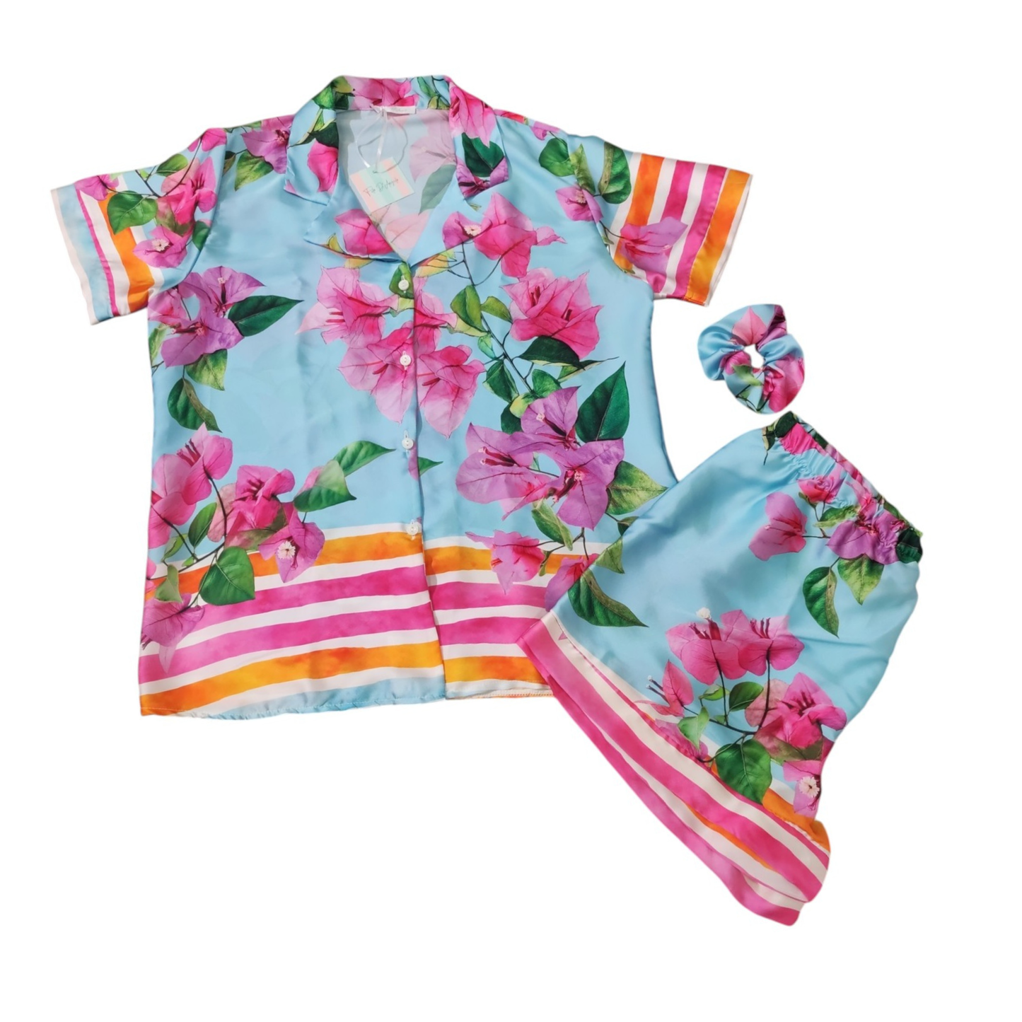 Pigiama Donna Estivo Bouganville Filo D'Angelo in raso con camicia manica corta, short e scrunchie coordinato