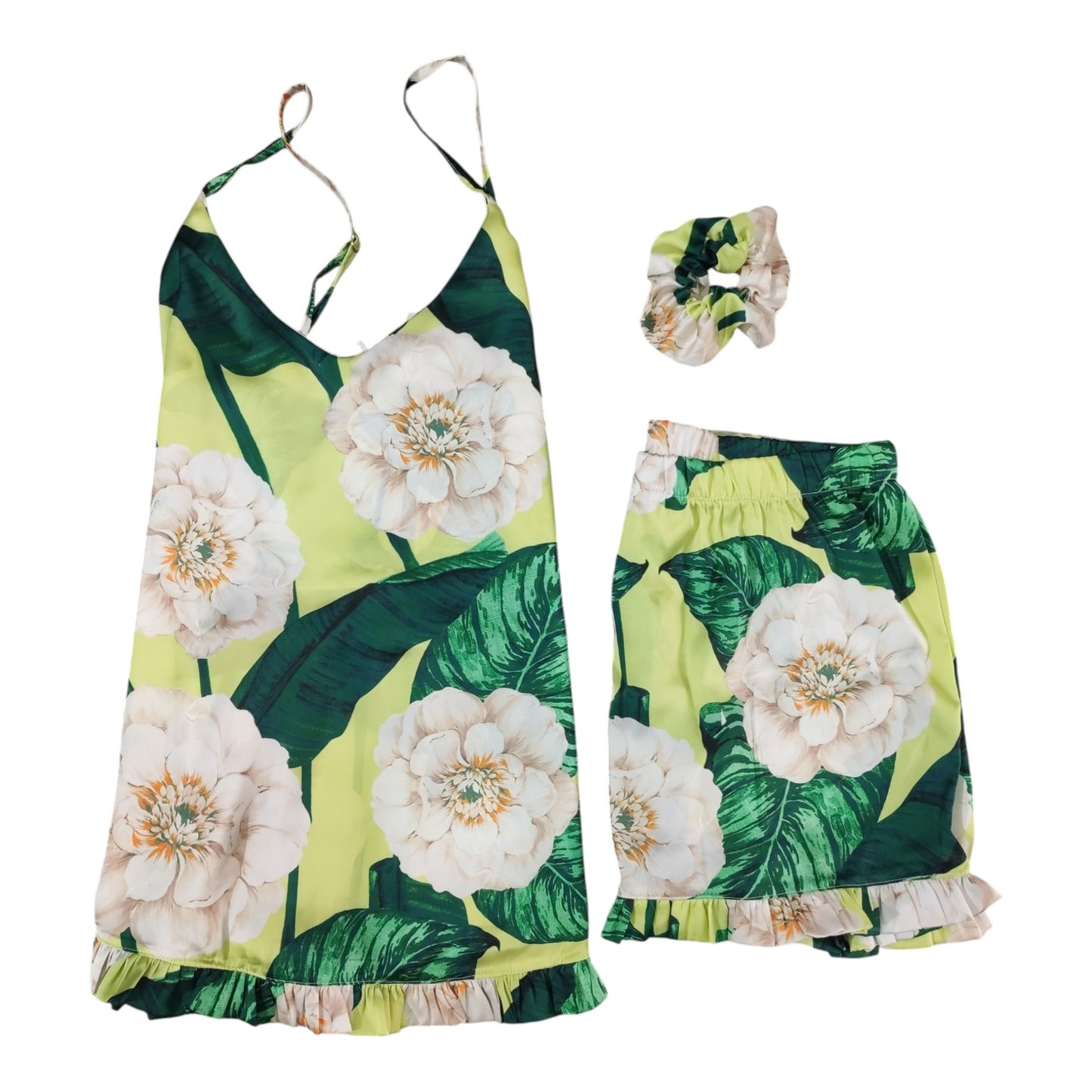Pigiama Donna Estivo Peonia Filo D'Angelo con top a spalline, short coordinato e scrunchie fantasia floreale verde e panna
