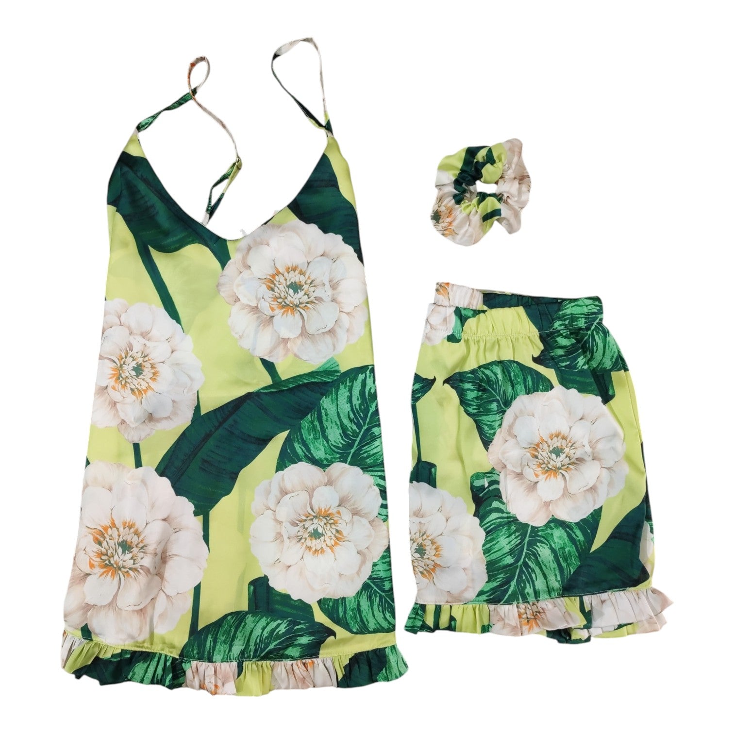 Pigiama Donna Estivo Peonia Filo D'Angelo con top a spalline, short coordinato e scrunchie fantasia floreale verde e panna