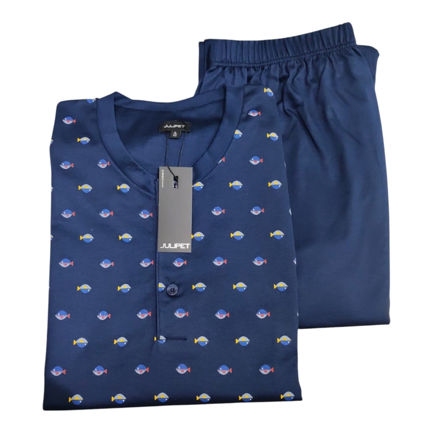 Pigiama uomo estivo lungo Julipet Sapri JAL 286 blu con maglia a serafino fantasia pesci e pantalone coordinato