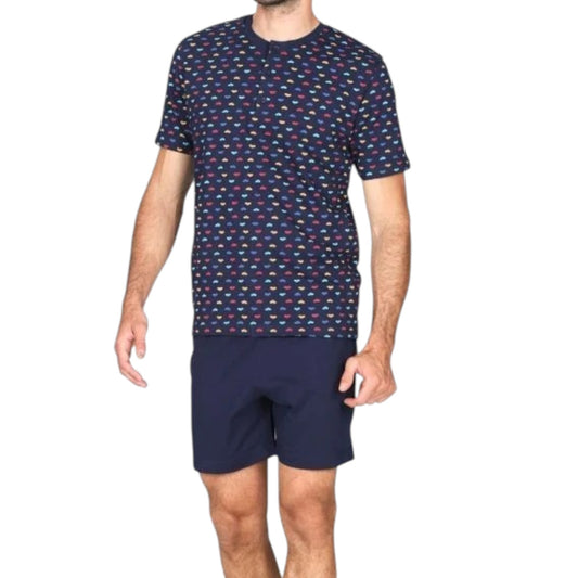 Pigiama uomo estivo Marene JAC493 Julipet corto serafino in jersey 100% cotone con maglia fantasia e pantalone corto tinta unita