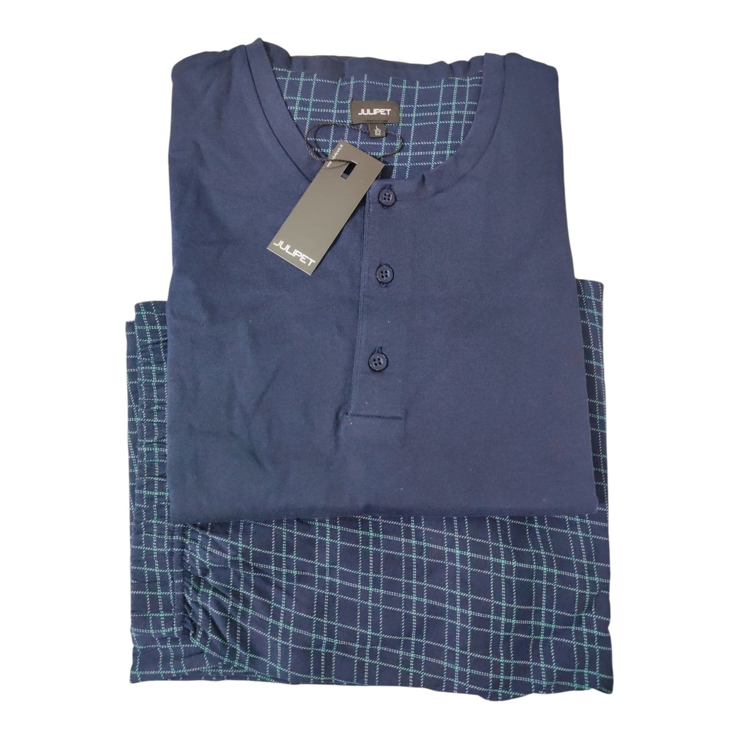 Pigiama uomo estivo Modena JAL688 Julipet lungo serafino in jersey 100% cotone con maglia tinta unita e pantalone check coordinato