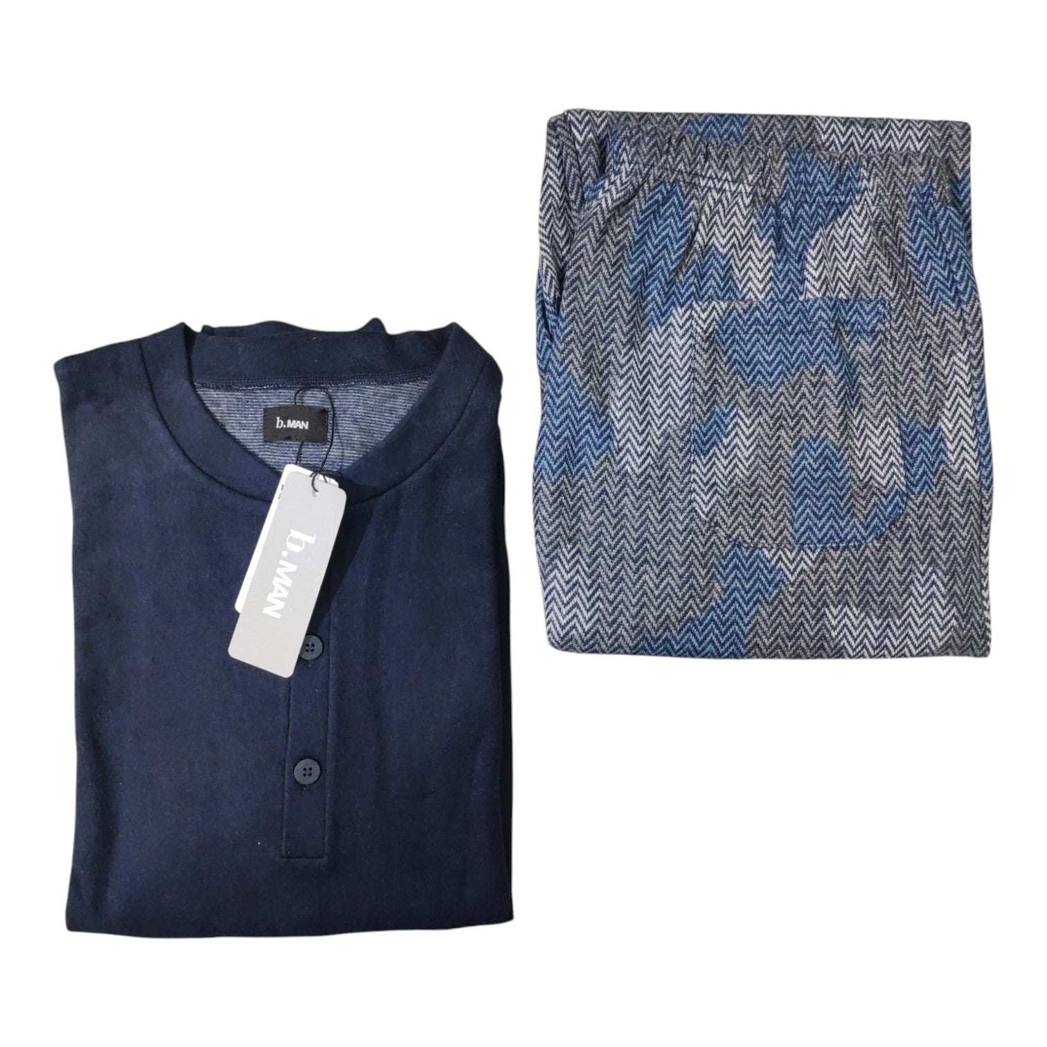 Pigiama Uomo LR877123 B.Man lungo serafino con polsi blu jeans e pantalone fantasia