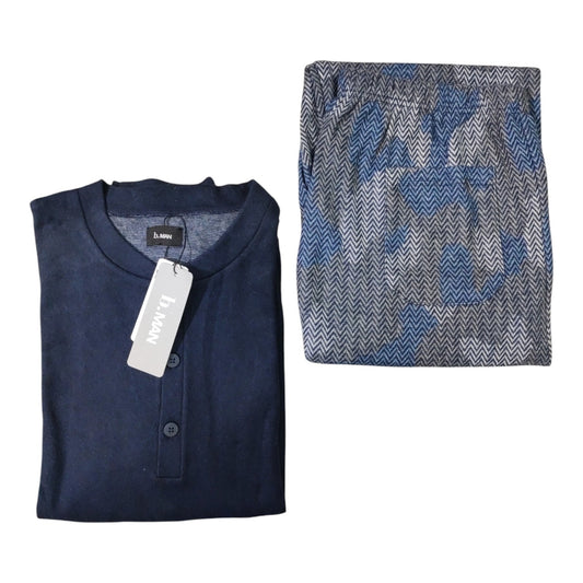 Pigiama Uomo LR877123 B.Man lungo serafino con polsi blu jeans e pantalone fantasia