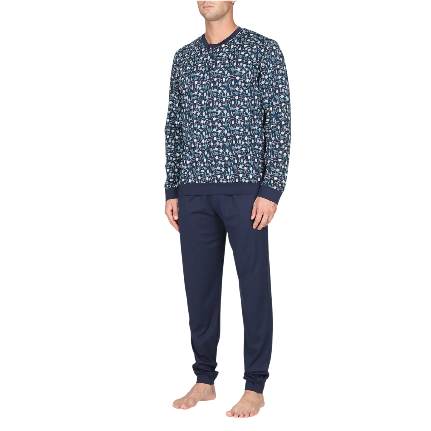 Pigiama lungo uomo Julipet in jersey 100% cotone con maglia a serafino fantasia tennis e pantalone blu