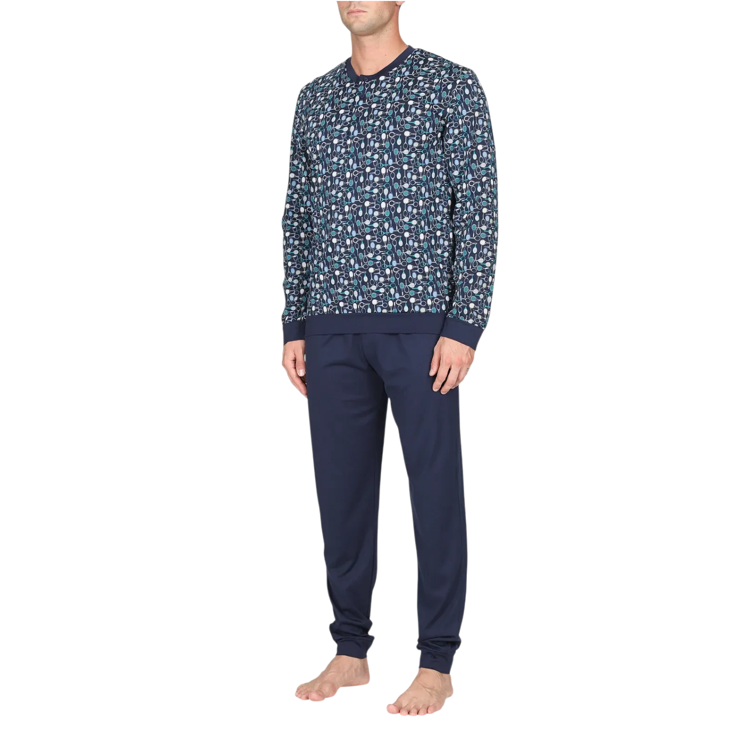 Pigiama lungo uomo Julipet in jersey 100% cotone con maglia a serafino fantasia tennis e pantalone blu
