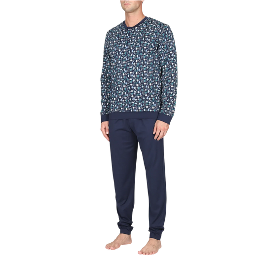 Pigiama lungo uomo Julipet in jersey 100% cotone con maglia a serafino fantasia tennis e pantalone blu