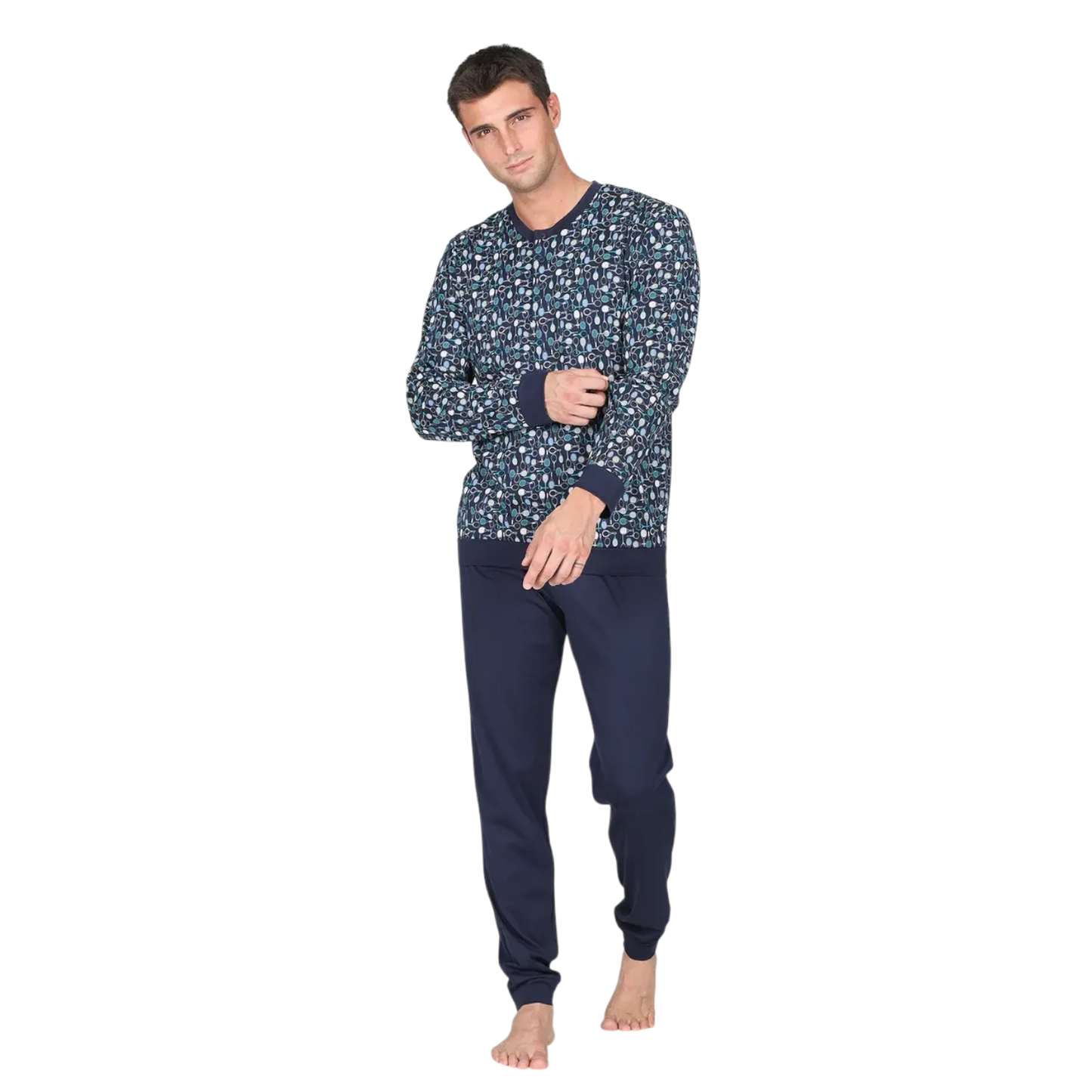 Pigiama lungo uomo Julipet in jersey 100% cotone con maglia a serafino fantasia tennis e pantalone blu