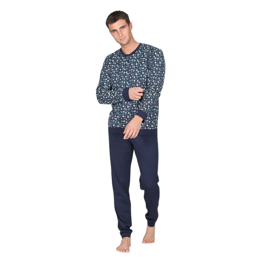Pigiama lungo uomo Julipet in jersey 100% cotone con maglia a serafino fantasia tennis e pantalone blu