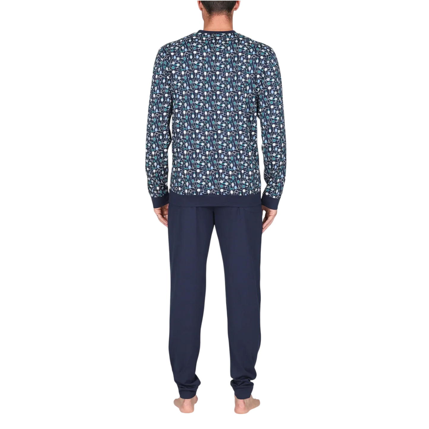 Pigiama lungo uomo Julipet in jersey 100% cotone con maglia a serafino fantasia tennis e pantalone blu