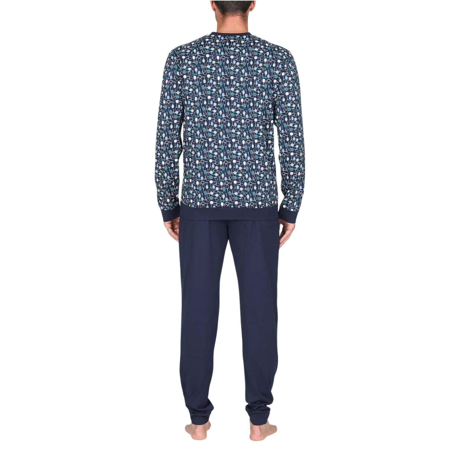 Pigiama lungo uomo Julipet in jersey 100% cotone con maglia a serafino fantasia tennis e pantalone blu