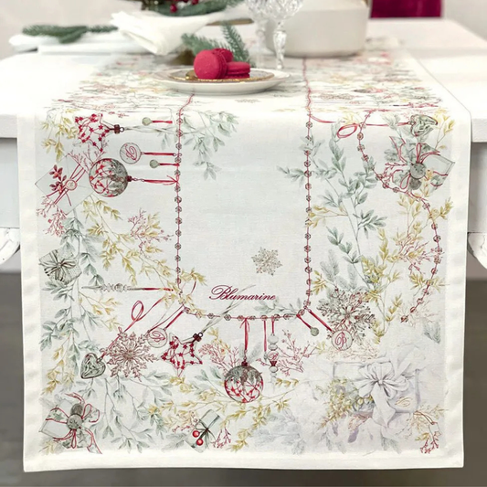 Runner Natalizio Bianco Natale Blumarine 50x150 in panama 100% cotone antimacchia con stampa piazzata e logo nella trama
