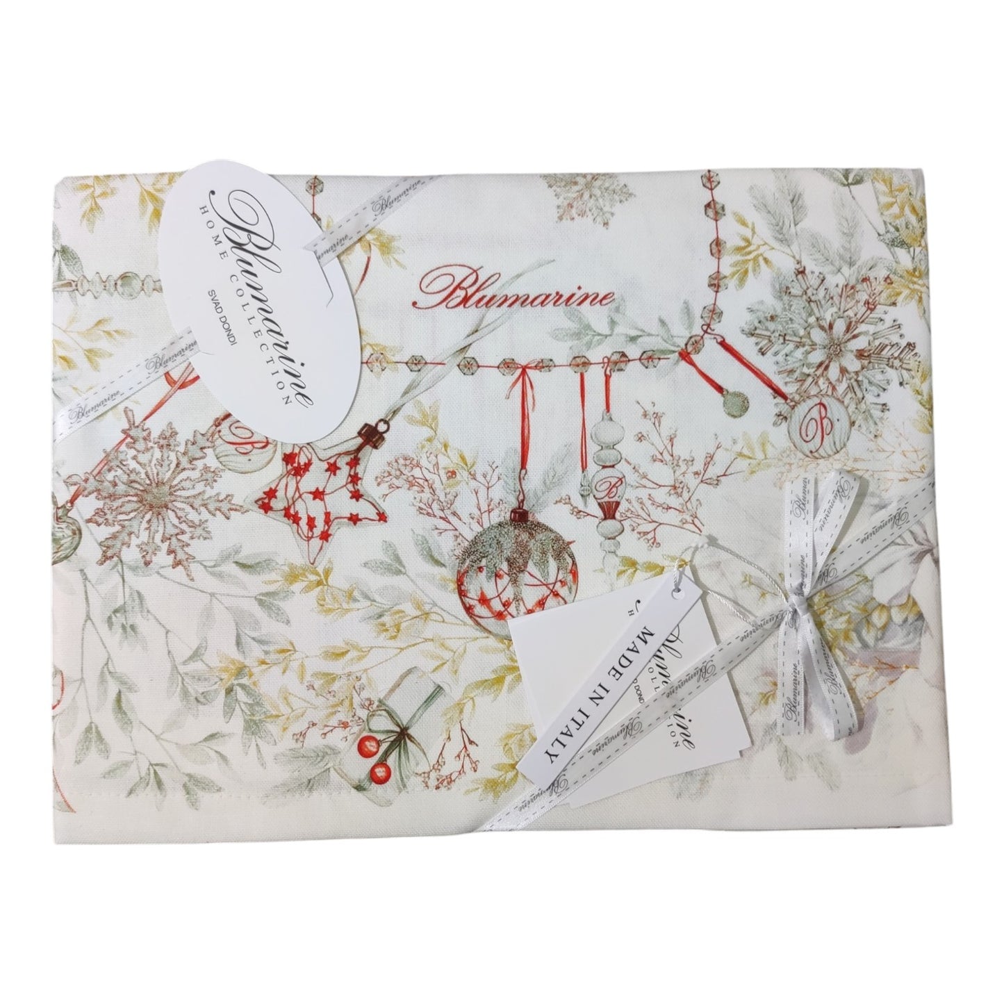 Runner Natalizio Bianco Natale Blumarine 50x150 in panama 100% cotone antimacchia con stampa piazzata e logo nella trama