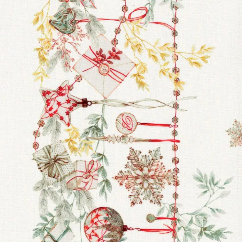 Runner Natalizio Bianco Natale Blumarine 50x150 in panama 100% cotone antimacchia con stampa piazzata e logo nella trama