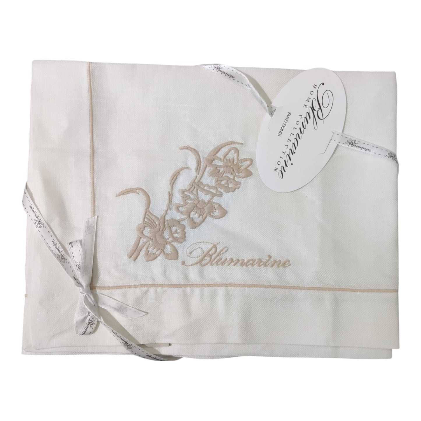 Runner 50x150 Dichiarazione Blumarine Home tinta unita in 100% lino con cordonetto, motivo floreale e logo ricamato