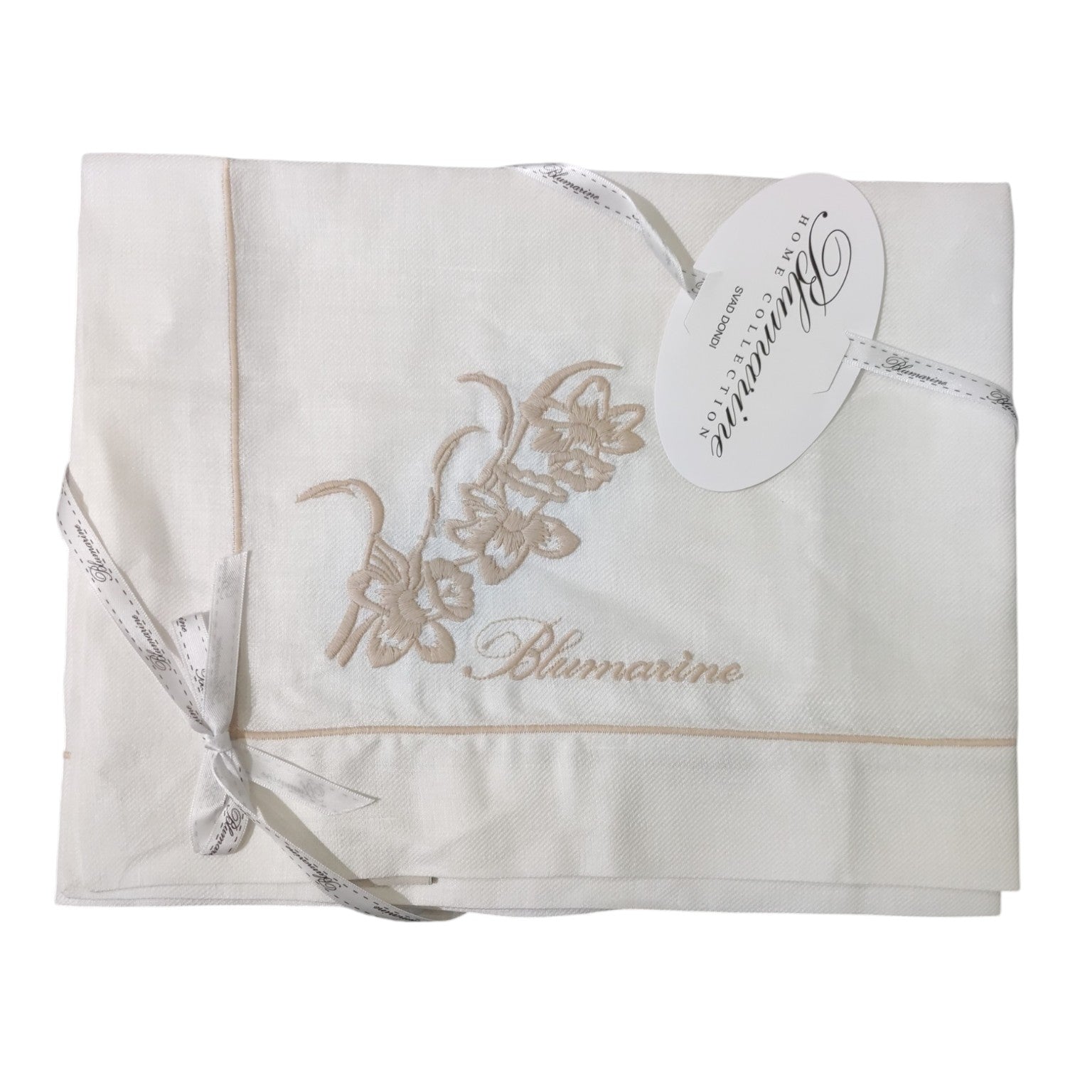 Runner 50x150 Dichiarazione Blumarine Home tinta unita in 100% lino con cordonetto, motivo floreale e logo ricamato