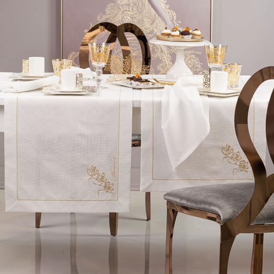 Runner 50x150 Dichiarazione Blumarine Home tinta unita in 100% lino con cordonetto, motivo floreale e logo ricamato