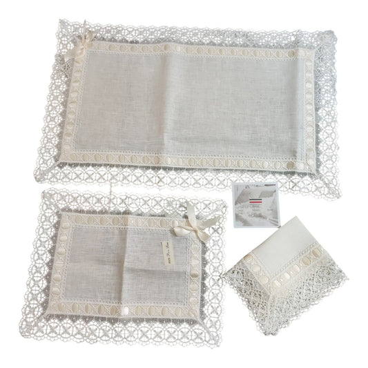 Set Centri 3 Pezzi Krizia PL3601 Battaglia Classico Italiano in 100% puro lino con 1 centro 40x70 e 2 centri 30x40 eleganti e raffinati