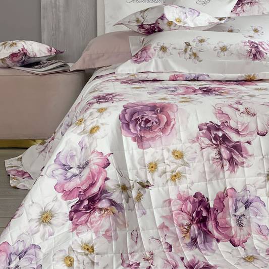 Trapuntino 2 posti Brook Blumarine 270x270 in raso di cotone 300 TC con stampa all-over e logo nella trama