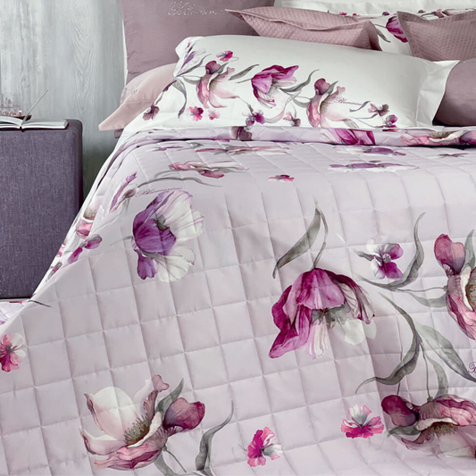 Trapuntino 2 posti Fleurette Blumarine 270x270 in raso di cotone 300 TC con stampa all-over e logo nella trama