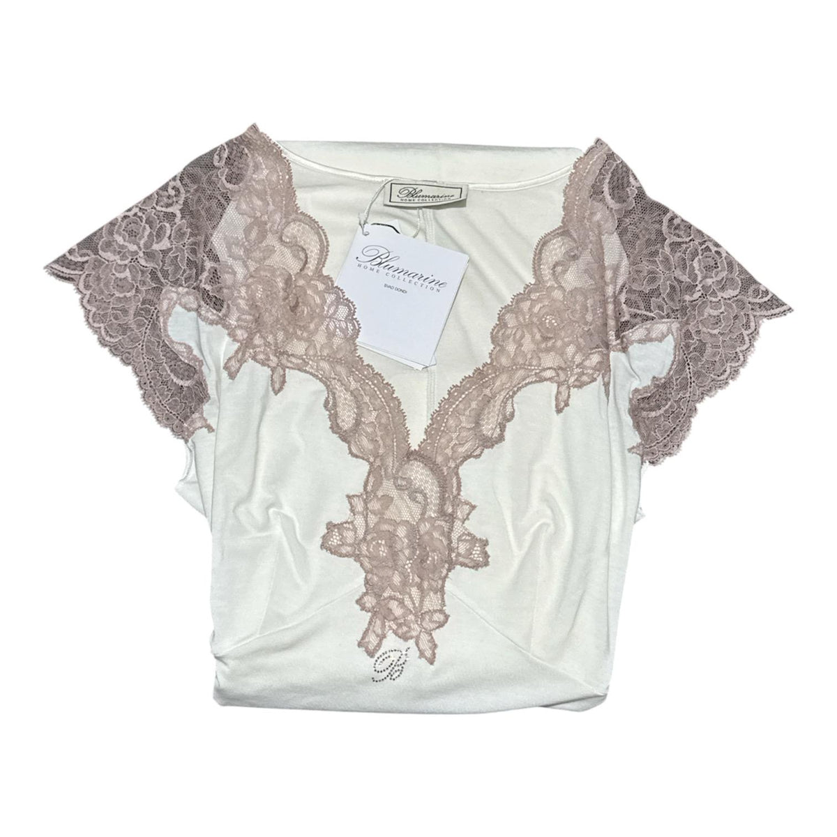 Abito Sensuale Blumarine Home Collection avorio con pizzo tortora e logo con cristalli
