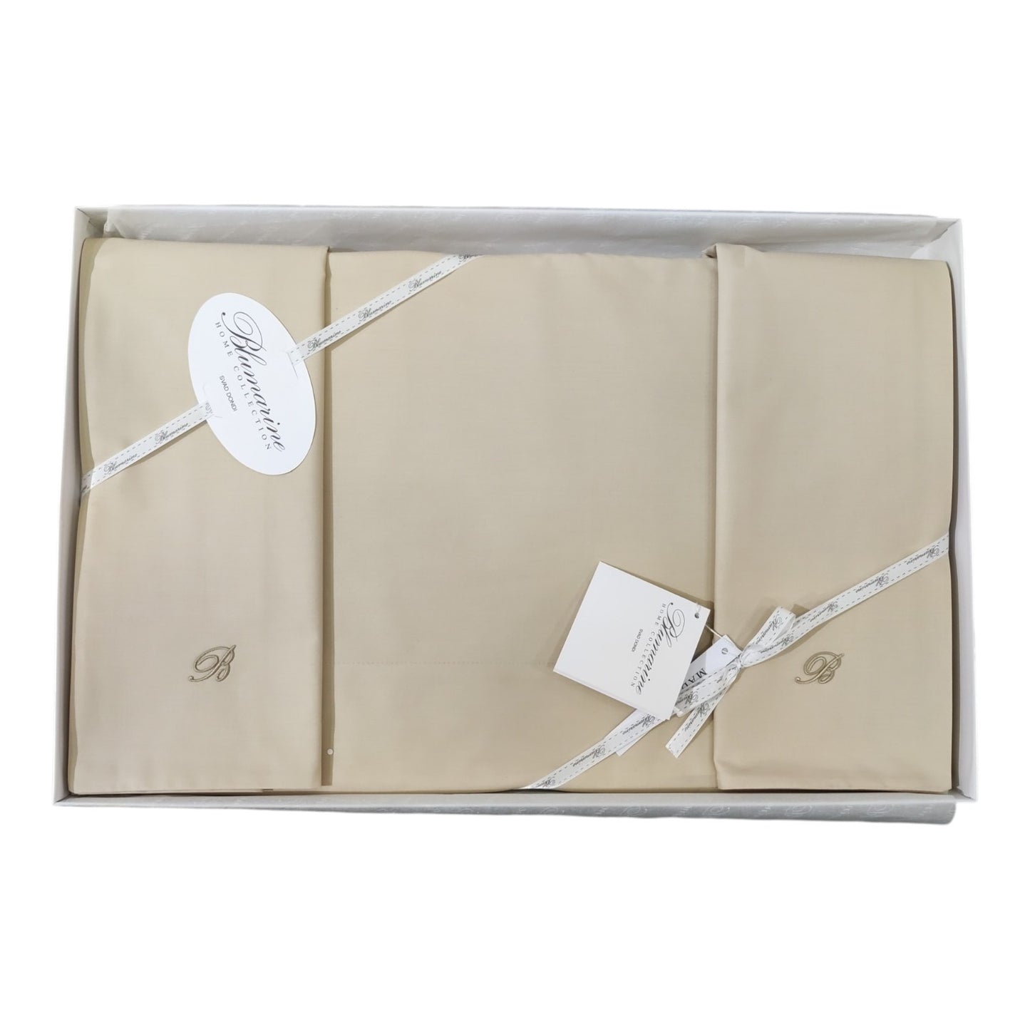 Completo lenzuola matrimoniale Blumarine Home Stile Blu in percalle di cotone 200 TC con federe a sacchetto e monogramma B ricamato